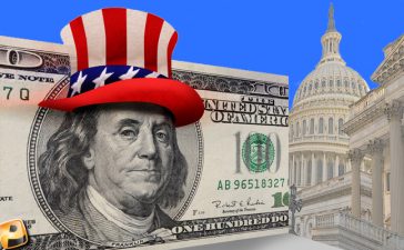 A $100 bill with an Uncle Sam hat on Benjamin Franklin's portrait and the U.S. Capitol in the background