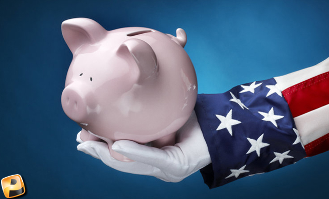 Uncle Sam holding a piggy bank